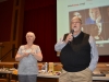 Clearfield Area School Board Members Mary Anne Jackson, left and Larry Putt, right, introduce members of a panel during Wednesday\'s drug and alcohol forum at the Clearfield Area Junior/Senior High School. The school board invited members of the Clearfield/Jefferson Drug and Alcohol Commission, the Clearfield County Coroner\'s Office, Clearfield EMS, Clearfield Borough and Lawrence Township Police Departments, the Clearfield County Probation Office and the Clearfield County District Attorney\'s Office to speak about trends in drug and alcohol abuse among school-aged children in Clearfield County (Photo by Kimberly Finnigan)