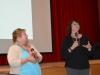 Karen Orner, left and Carol Jackson, right, address a crowd of over 60 people Wednesday during a forum on youth drug and alcohol trends at the Clearfield Area Junior/Senior High School. Orner and Jackson presented statistical information about drug use among school-aged students in Clearfield County. The duo also provided information about drug paraphernalia, the ease of ordering certain types of drugs via the Internet and where to seek help for individuals who may have a drug or alcohol problem. (Photo by Kimberly Finnigan)