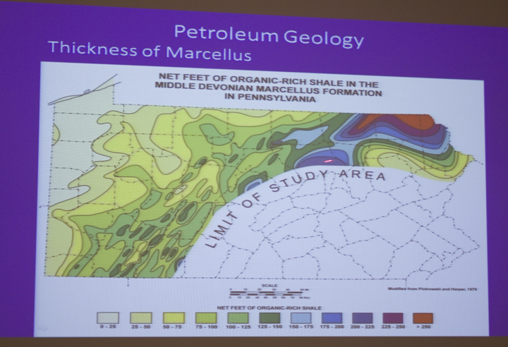 A map showing the thickness of Marcellus Shale deposits in Pennsylvania.