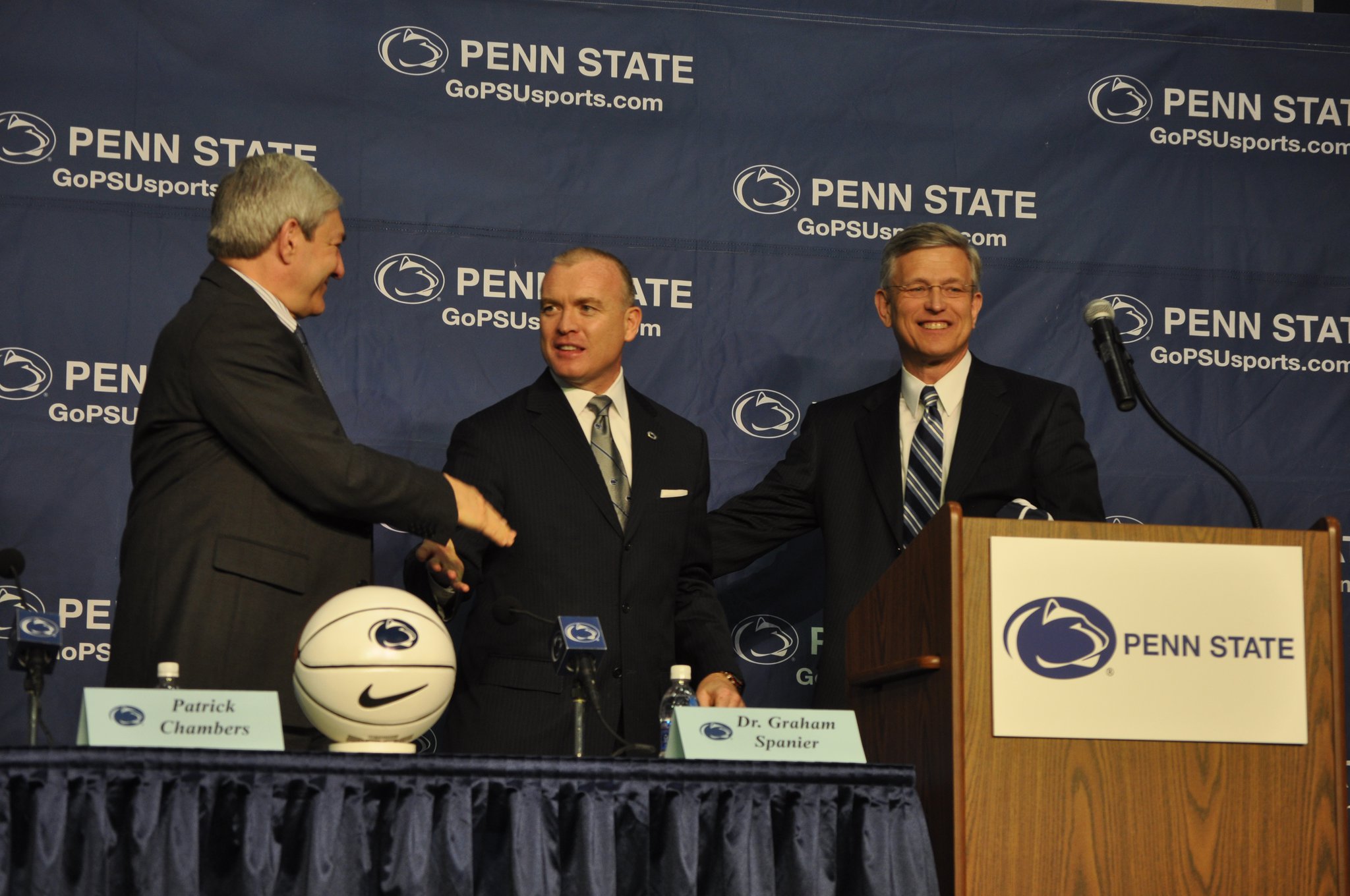 Penn State president Graham Spanier and AD Tim Curley introduce Patrick Chambers.