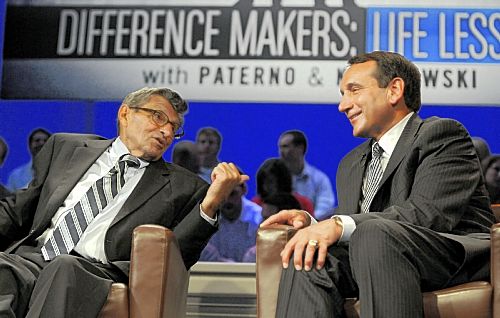 Coaching legends Joe Paterno and Mike Krzyzewski met to film an ESPN special that will air this week.