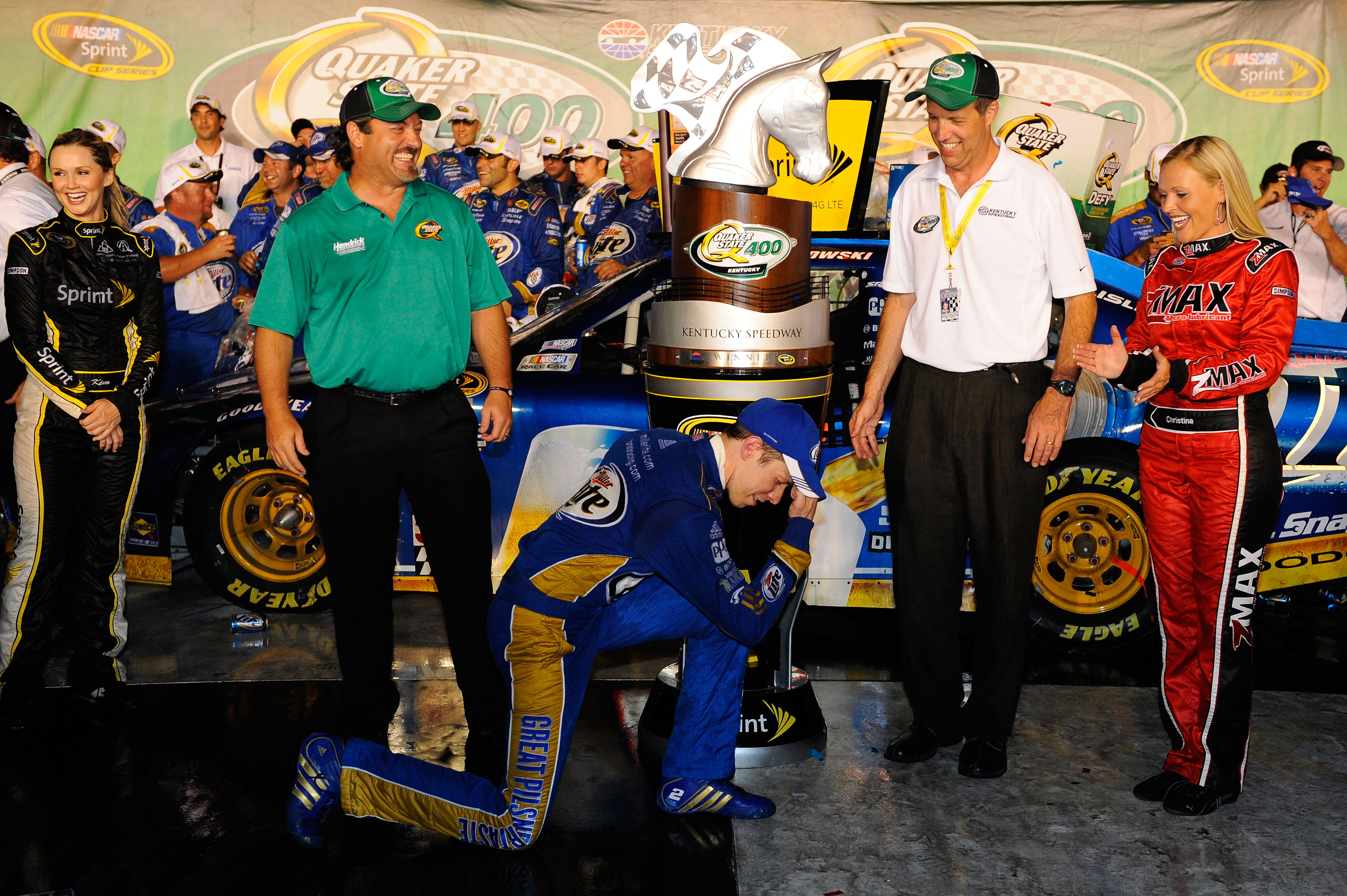 After his third win of the season, Brad Keselowski decided to do a "Tebow" in victory lane.