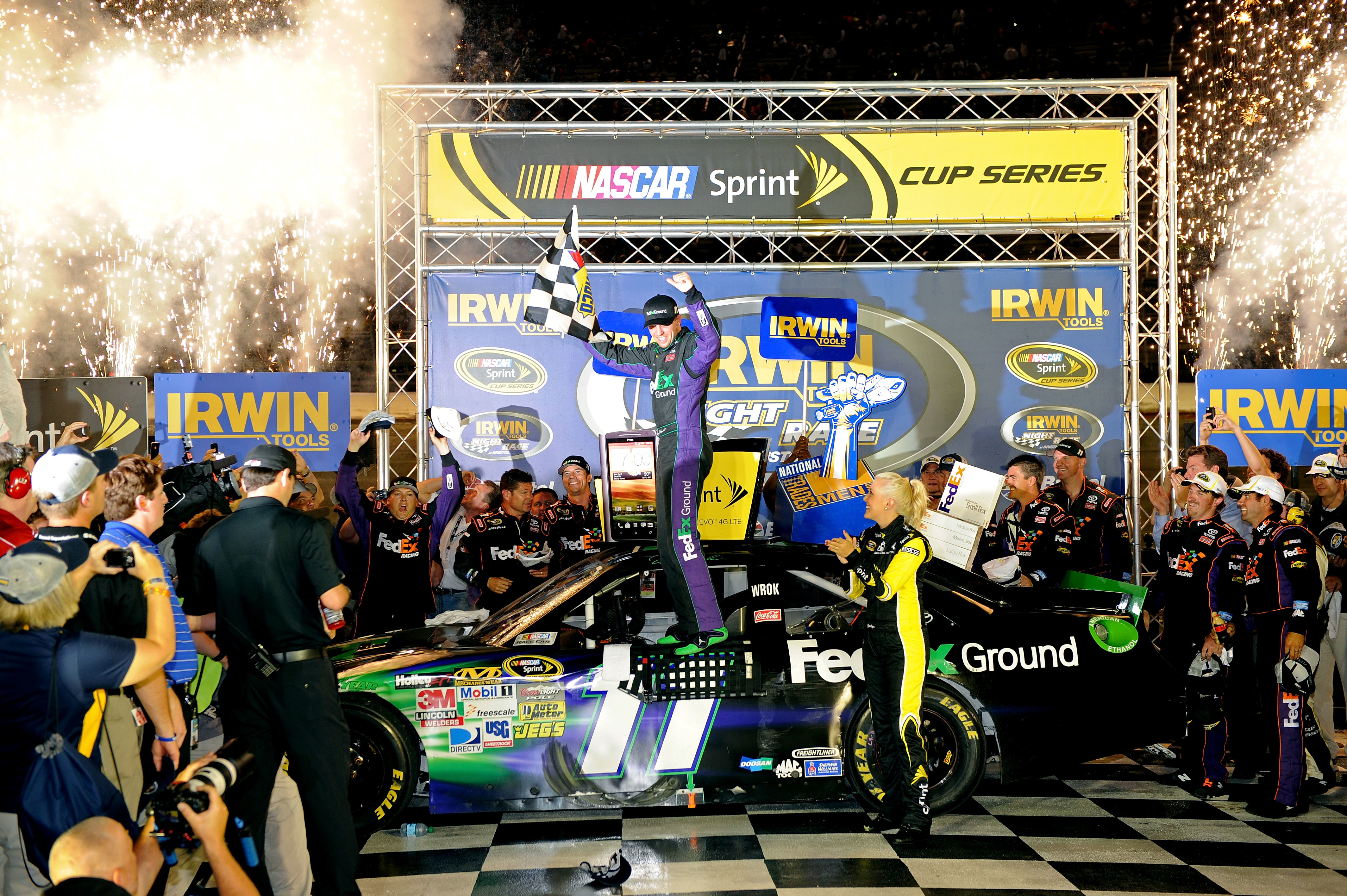 It was some beating, banging, and frustration that highlighted the night race at Bristol, and it was Denny Hamlin celebrating in the end.