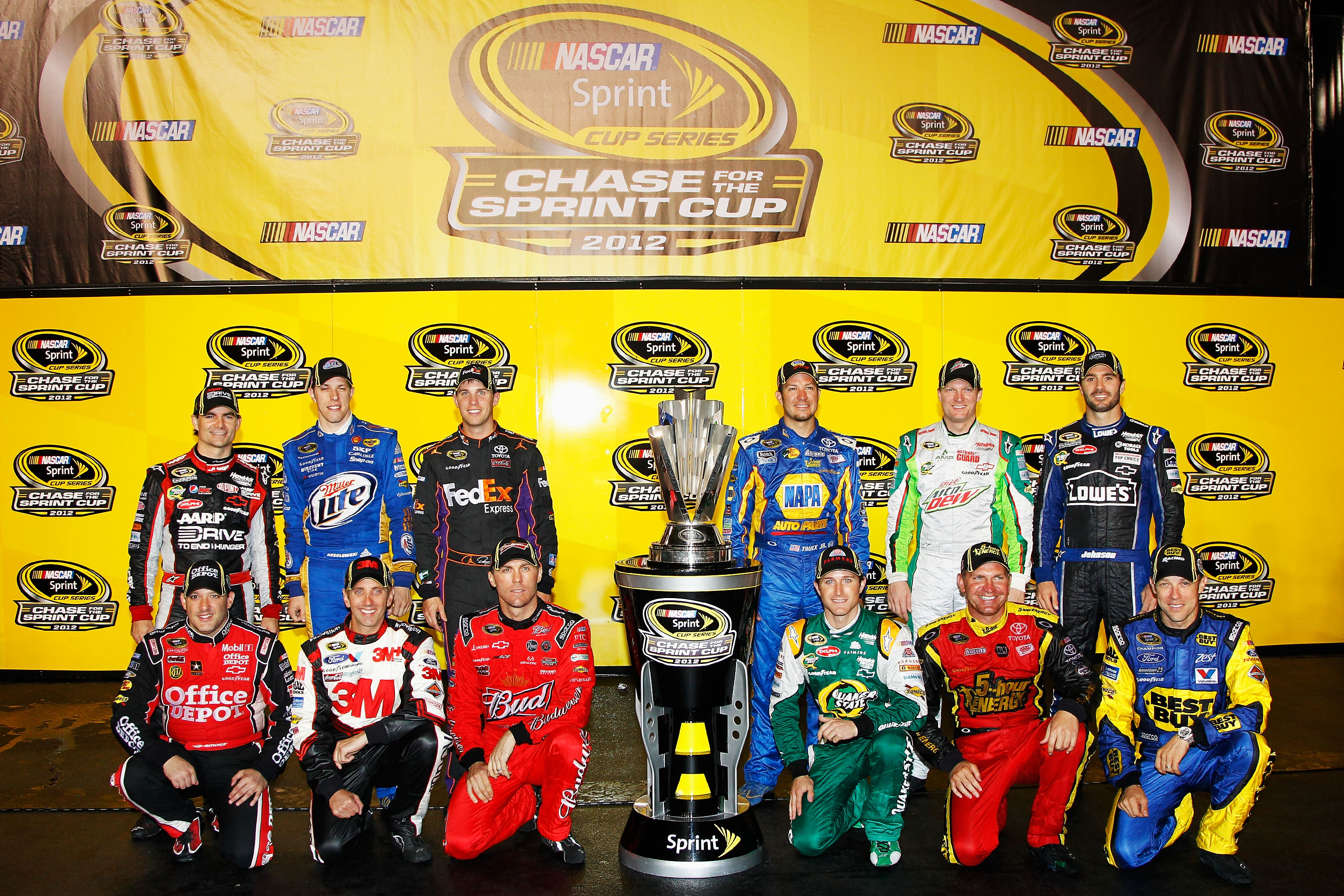 Twelve drivers will have 10 races to determine this year's Sprint Cup Champion.  Who will it be at the end of the season hoisting the checkered flag trophy?