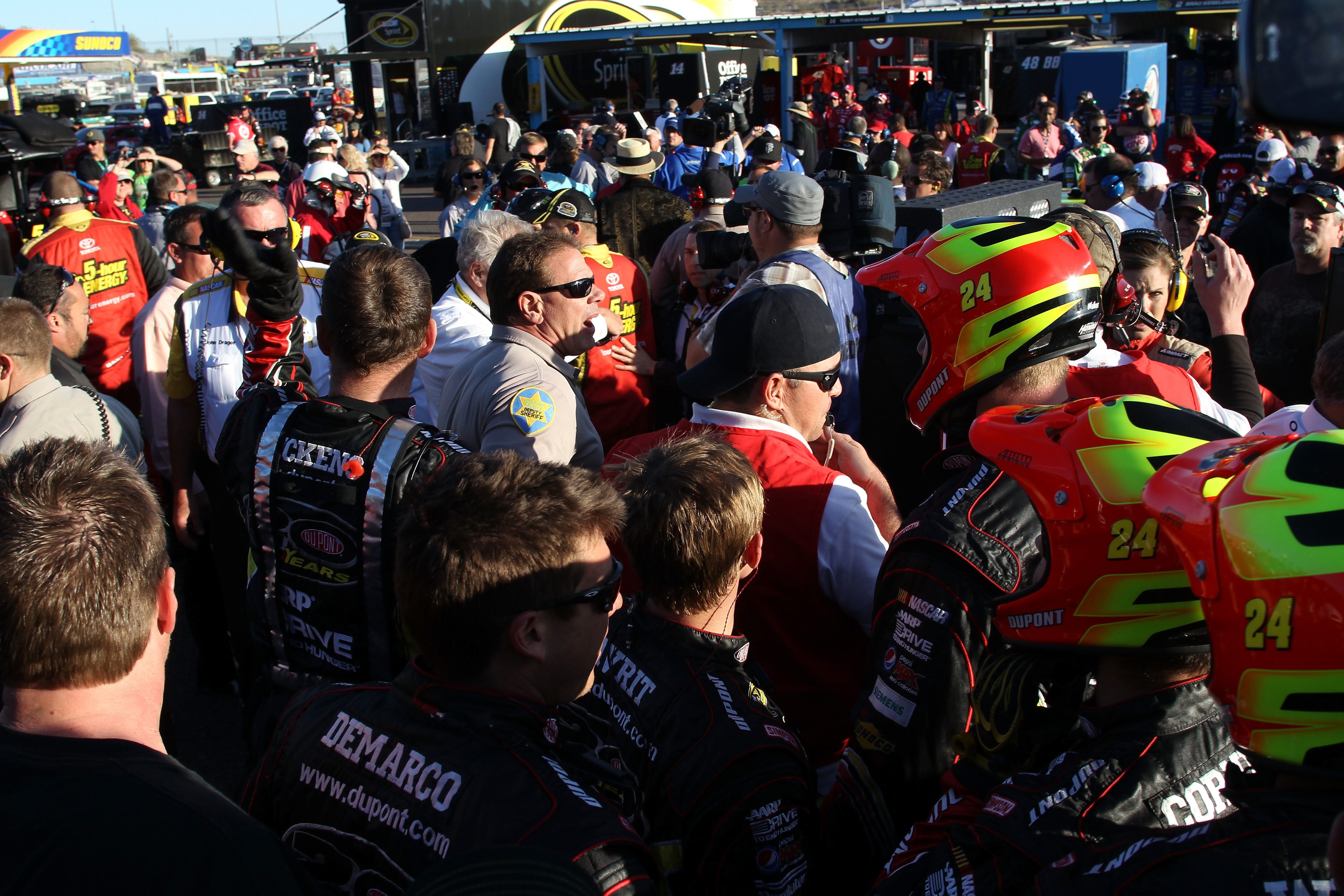 Not even NASCAR officials could break up the chaos in the garage between the No. 15 and No. 24 teams.  The Arizona police force had to get involved.