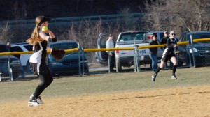 LOOKING FOR A FOURCE OUT Lady Tide shortstop Cheyenne Pentz records the final out f the sixth inning at second base on Friday.  Curwensville downed West Branch 4-3 in the contest.  Centerfielder Sarah Wriglesworth moves to back-up the play.  (photo by Rusty McCracken