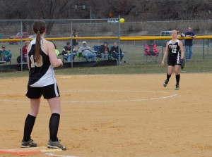Curwensville third baseman Abby Dugo watches a toss to first earlier this season.  Dugo had a hand in one-third of the outs in Friday's District IX Class AA Championship game.  The Lady Tide won the game 2-0 over Redbank Valley.  (photo by Rusty McCracken)