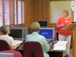 Kim Fike from DRMC presents information pertaining to the DRMC Patient Portal, as Edwina Kephart (Left) and Vivian Vance (Right), Basic computer workshop students at DBC observe. (Provided photo)