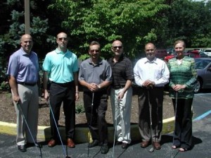 Pictured are representatives from some of the organizations who are major sponsors of the Tyrone Hospital Foundation’s 12th annual Golf Tournament with hospital leaders. Pictured, from left,  are Michael Grimm, chief executive officer, American Eagle Paper Mills, Aaron Gray, representing DelGrosso’s Amusement Park and DelGrosso Foods, Thomas Mishler, senior account executive, UPMC Health Plan,  Randy Miles Sr., chairman, Tyrone Hospital Foundation,  Kishor Patel, M.D., president, Tyrone Hospital medical staff and Michelle Wharren, chief financial officer at Tyrone Hospital.  (Provided photo) 