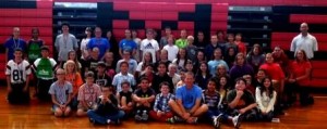 Pictured are Mrs. Hertlein's homeroom and Mr. Glunt's, seven period physical education classes. These were the top fundraising classes. Kunjal Patel and Issac Rummary were the top individual fundraisers. The top one-mile runners were Paige Mikesell and Aaron Aycock, eighth grade; Kalee Reasinger and Spencer Graham, seventh grade; Raegann Mikesell and Justin Maines, sixth grade; and  Micah Climie and Karli Bietz, fifth grade. (Provided photo)