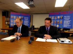 This morning, Clearfield County District Attorney William A. Shaw Jr. announced the arrests of 13 alleged drug dealers as part of “Operation Gobble Up.” He is pictured with Jim Walstrom of the state Attorney General’s Office. (Photo by Jessica Shirey)