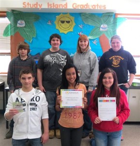 Shown, along with DuBois Area Middle School AmeriCorps member Robin McCoy, are some of the students who submitted a video of their computer lab to win a contest sponsored by Edmentum. In the front row, from left, are Jake Buerk, Nickysia Howard and Madyson Scarpelli. In the back row, from left, are, Darrin Solomon, Nick Welch, McCoy and Rachel McAninch. (Provided photo)