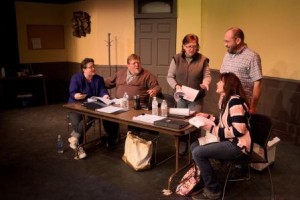 Beatrice Pomeroy (Sharon Folmar) tries to convince playwright Jerry (Brian Hand) to add jokes to his play, in the Reitz Theater production of "Don't Talk to the Actors.” From left to right, pictured are Jenny Gordon, Drew Gordon, Folmar, Hand and Valerie Kucenski. (Provided photo)
