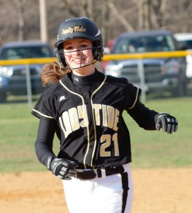 Curwensville sophomore Riley Young is all smiles after her game-winning RBI in the bottom of the seventh inning yesterday.  The Lady Tide defeated Johnsonburg 8-7.  Photo by Rusty McCracken