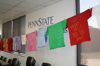 Decorated T-shirts hang on display in the student union during last year's clothesline project. (Provided photo)