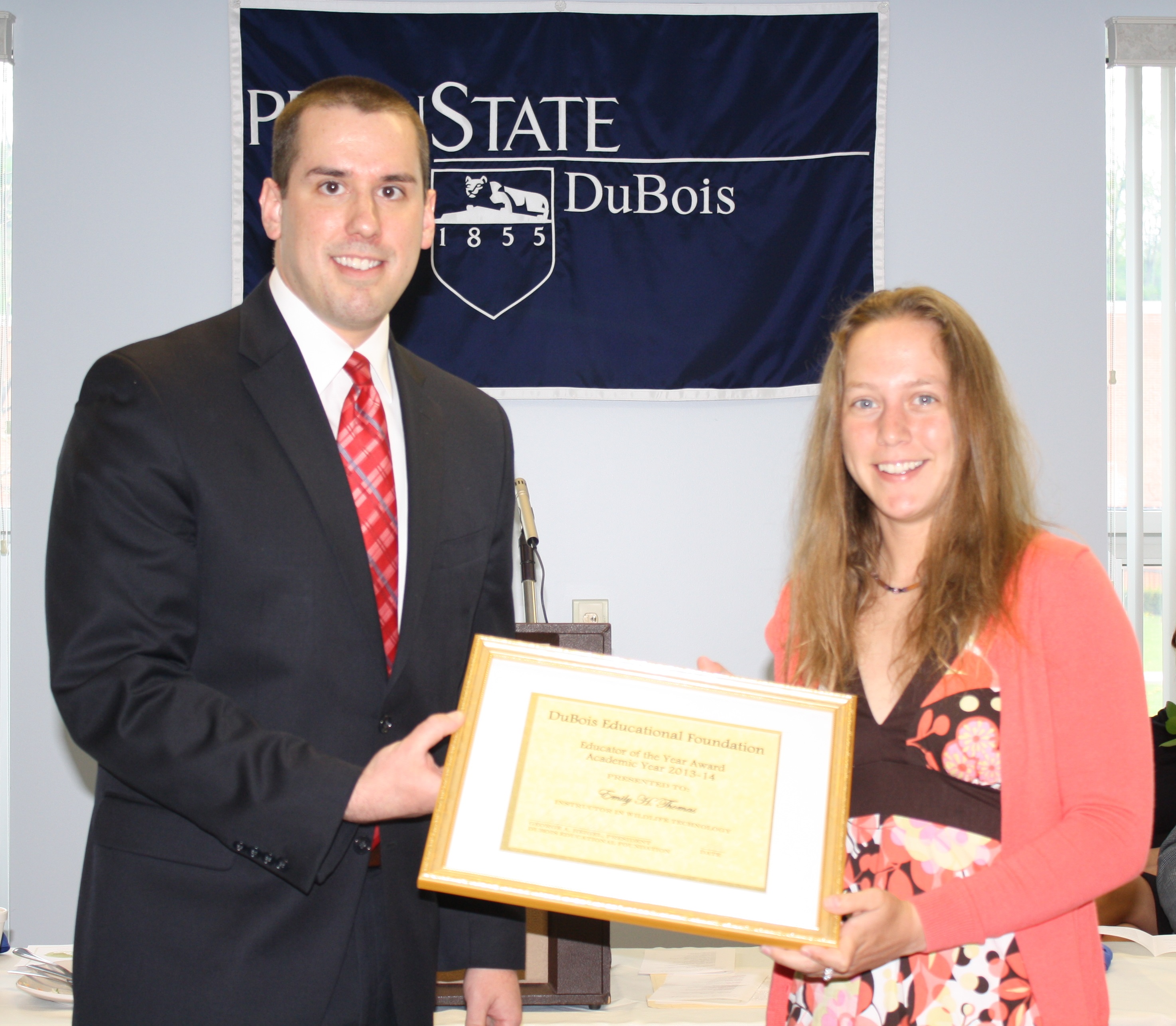 DEF Board Member David Bish presented Wildlife Technology Instructor Emily Thomas with the DEF Educator of the Year Award during Saturday's Commencement Luncheon. (Provided photo)