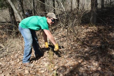 Student Nate Wilson works to remove invasive plant species, such as honeysuckle and autumn olive, to promote forest growth. (Provided photo)