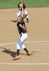 Curwensville senior Tierra Shope focuses on a Redbank Valley Batter in Monday's 13-3 Lady Tide win.  Shope recorded her 50th career victory for the Black and Gold.  (Photo by Rusty McCracken)