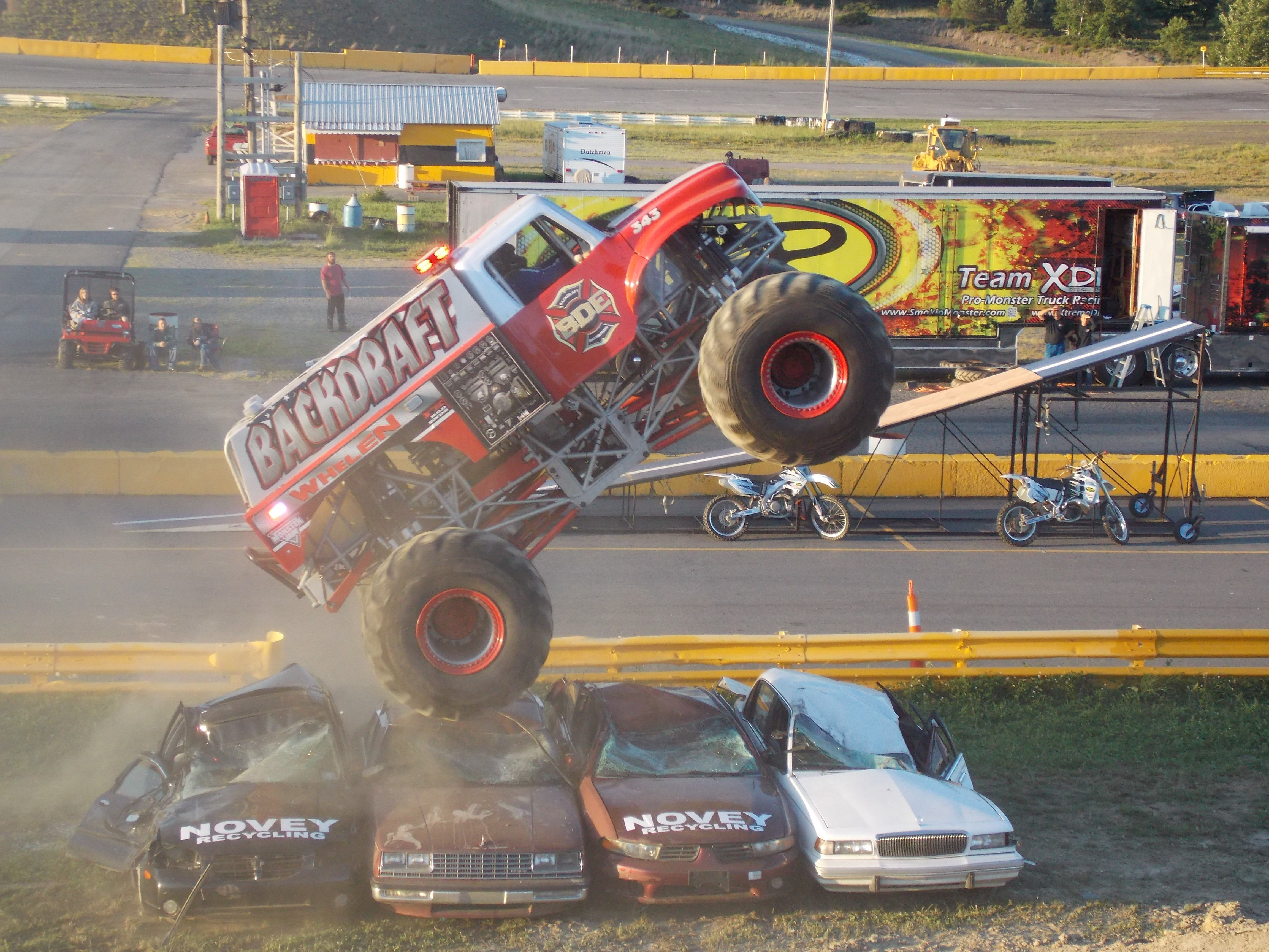 Ty Cornelius in his Backdraft International monster truck does a freestyle for the Clearfield fans.