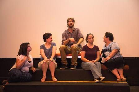 Conman Tissotin (Ryan Haggerty, center) poses as a poet and mesmerizes Armande (Jessalyn Penvose, far left), Belise (Jennifer Gonzalves, second left) and Philamente (Jenny Gordon, far right), while Henriette (Cody Buck, second right) seems unamused in Moliere's The Learned Ladies at the Reitz Theater.  (Provided photo)