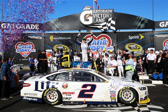 Enter the leader, leave the leader.  That is what Brad Keselowski did at Chicagoland Speedway.