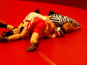 Logan Gilbert picked up his first pin of the year in the Bison win over Punxsutawney (Photo by Jessica Shirey)