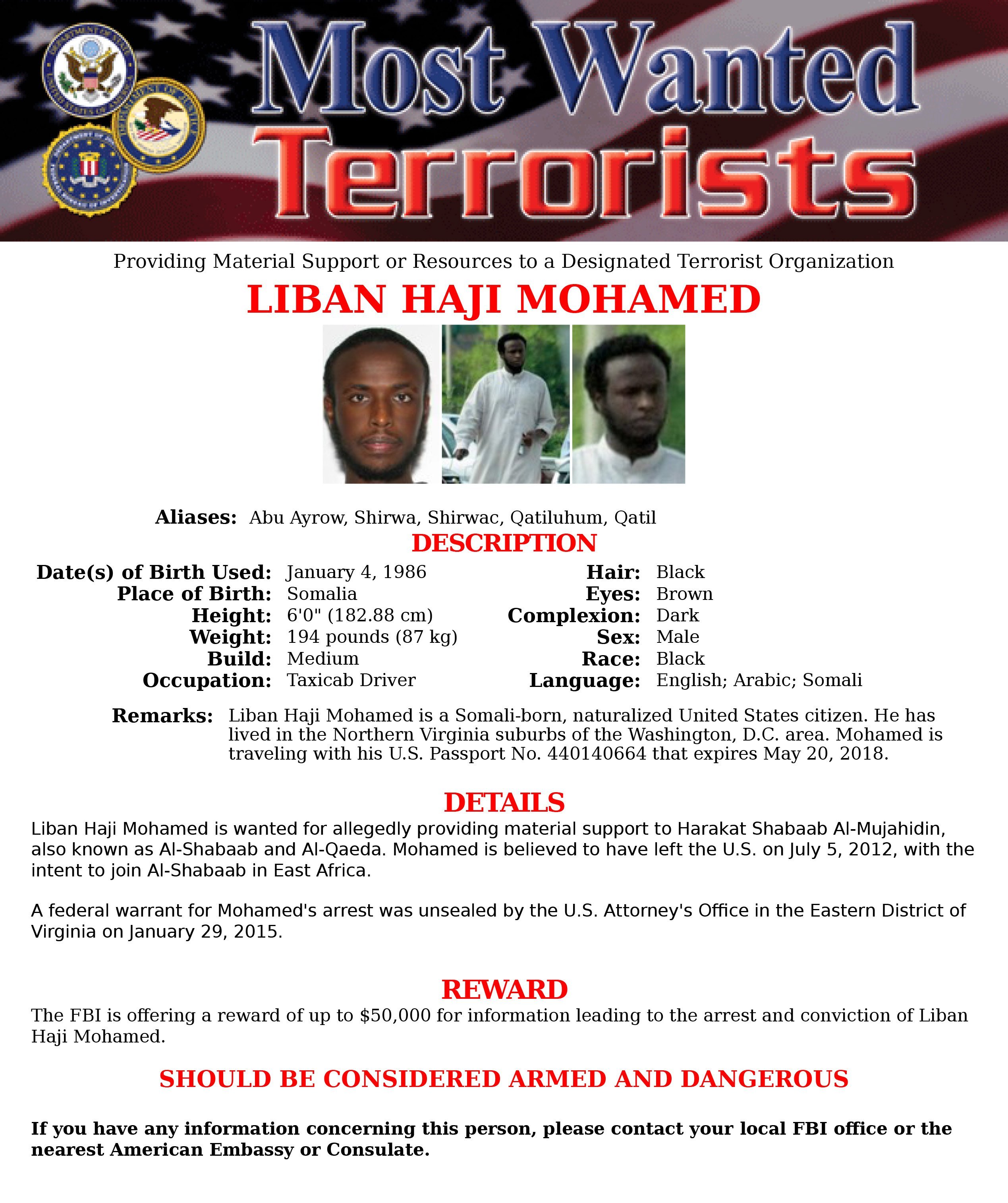 Liban Haji Mohamed Most Wanted Terrorist Poster