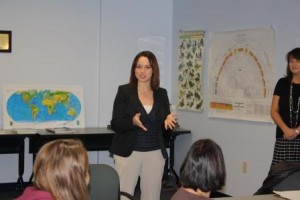 Associate Professor of Mathematics and Geosciences Neyda Abreu speaks to prospective students about career options in geoscience fields during an Earth Science Visitation Day last semester. (Provided photo) 