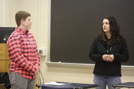 Student Kristy Hanes, left, ponders her next question as she interviews entrepreneur Angie Meyer about business ownership during a Business 250 class. (Provided photo)