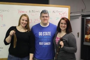 Hair auction participants, left to right, Patience McCullough, Greg Myers and Koren McCullough, helped to raise nearly $3,000 for THON at the Dancer Sendoff Event. (Provided photo)