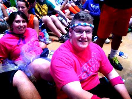 Designated Penn State DuBois THON Dancers Darcie Grenier and Greg Myers took a seat for the first time in 46 hours as THON 2015 came to an end on Sunday at the Bryce Jordan Center. (Provided photo)