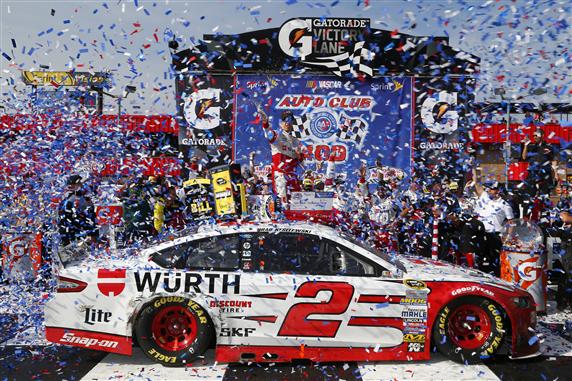 Brad Keselowski has no luck at the Auto Club Speedway.  On Sunday he led one lap...but it was the lap that mattered.