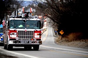 West Sandy Hose Company's "Quint 36" was one of the hundreds of units in the funeral procession for fallen firefighter Jeffrey Buck Jr. (Photo by Mark Kolash)