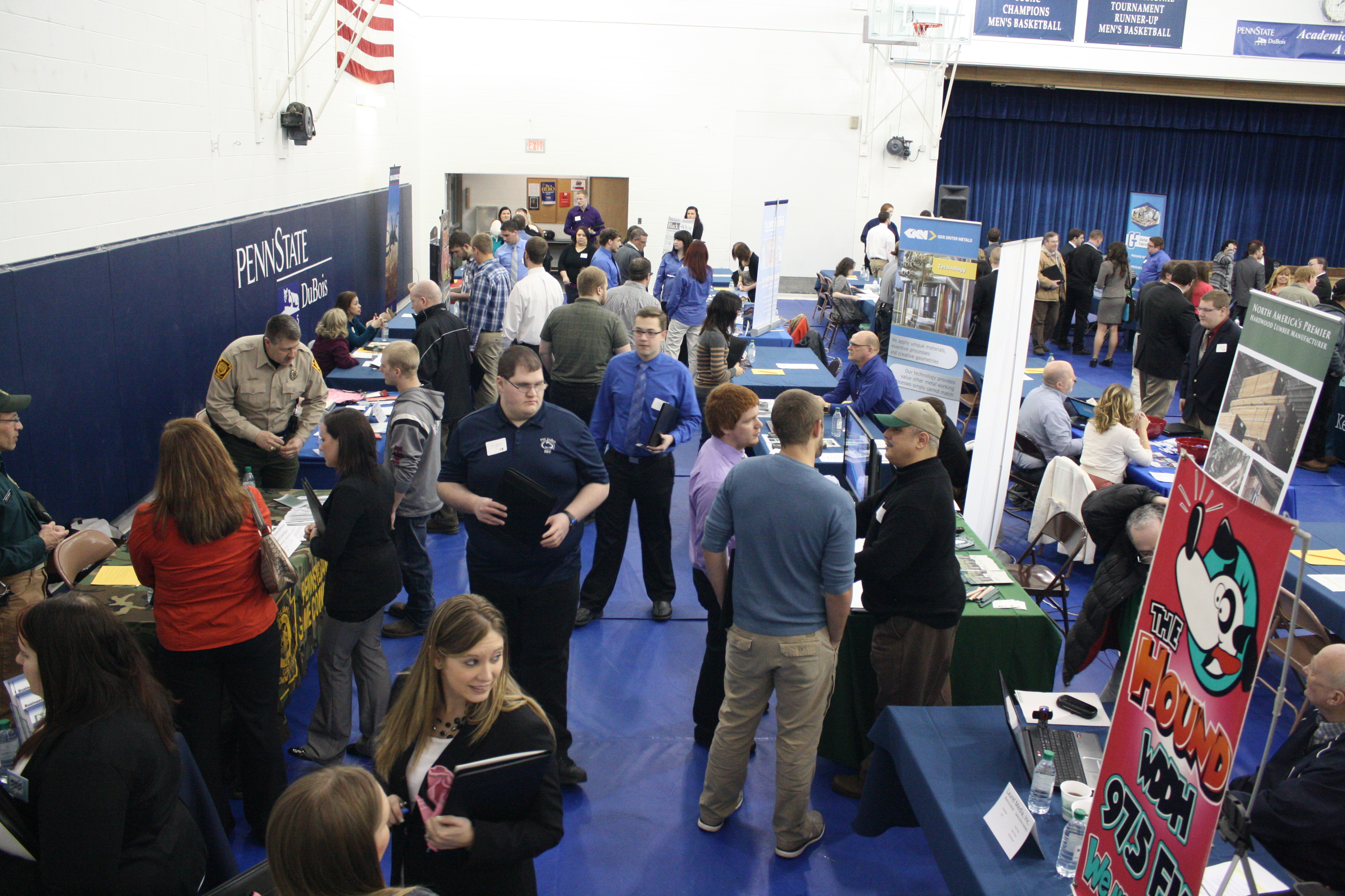 Job seekers learn about career opportunities from local industry representatives at the Penn State DuBois Career Fair in the campus gymnasium. (Provided photo)
