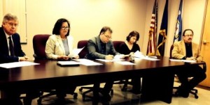 Pictured are Commissioners John A. Sobel, Joan Robinson-McMillen, chair, and Mark B. McCracken with Jodi Brennan, county planning and solid waste authority director, and Kim Kesner, solicitor, at Friday morning’s press conference. (Photo by Jessica Shirey)