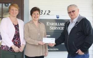 Penn State DuBois Director of Development Jean Wolf and Director of Enrollment Services Melissa Duttry accept a $40,000 donation from Joe Palumbo of the Palumbo charitable trust. (Provided photo)