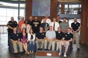 Graduates of the Right Turn program, left to right in front, are: Justin Miller, Brookville police; Krista Collins, Community Connections; Julie Curry, Lawrence Township police; Andrew Turnball, Brookville police; Tyler Ferguson, Clearfield County Domestic Relations; Ben Johnson, Clearfield County Domestic Relations; and Alex Angstadt; Clearfield County Juvenile Probation.  In back, from left, are: Todd Lombardo, Morris Cooper police; Chief Donald Routch, Sandy Township police; Emma Barrett, Jefferson County Probation; John Licatovich, Penn State DuBois police; C.O. Reiter, Jefferson County Jail; C.O. Gresock, Jefferson County Jail; Chief Jason Brown, Brookville police; Steve Gillespie, Clearfield County Probation; Sgt. Schott, Jefferson County Jail; C.O. Raybuck, Jefferson County Jail; Mike Moyer, Clearfield County Domestic Relations.  (Provided photo)