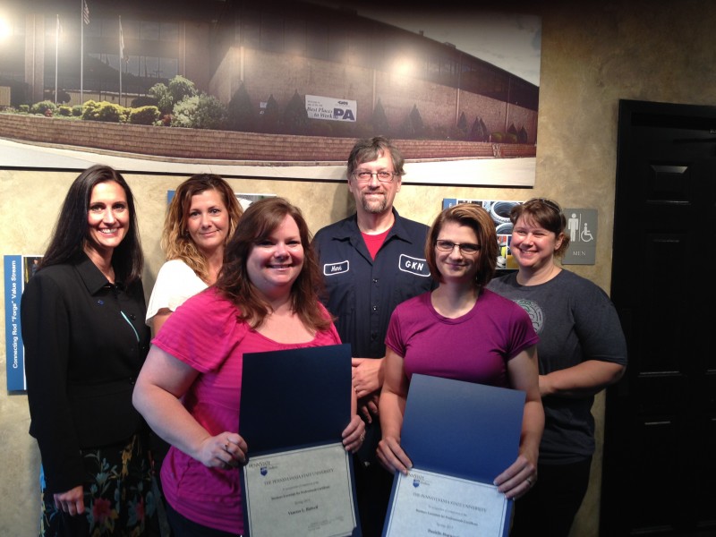 (Provided Photo) Picture left to right are Michelle Smeal, education program associate with Penn State DuBois, with program graduates Jody Meyer, Vanessa Bidwell, Mark Gross, Danielle Hopwood, and Laura Predmore. Not pictured is Sean Johnston. 