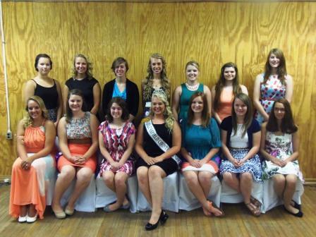 In front row are contestants Haylee Stuckey; Abby Jamison and Rachel Duke; Fair Queen Chelsea Folmar; Christen Wisor; Gabrielle Schultz; and Lacy Matier. In the back row are contestants Lydia Opalisky; Lyndsey Good; Krysten Kowalczyk; Cassie Folmar; Emily Andrulonis; Reilly Brown; and Allison Carns. Missing from photo is Kristina McCracken. (Photo by Jessica Shirey)