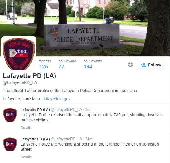 A shooting at a Lafayette, Louisiana, movie theater left at least two people dead and nine others injured, according to health officials. Police in Lafayette, Louisiana, say they responded Thursday, July 23, 2015 night to a report of a shooting at the Grand 16 Theatre. This is an image of the tweets posted by teh official Lafayette Police about the shooting.