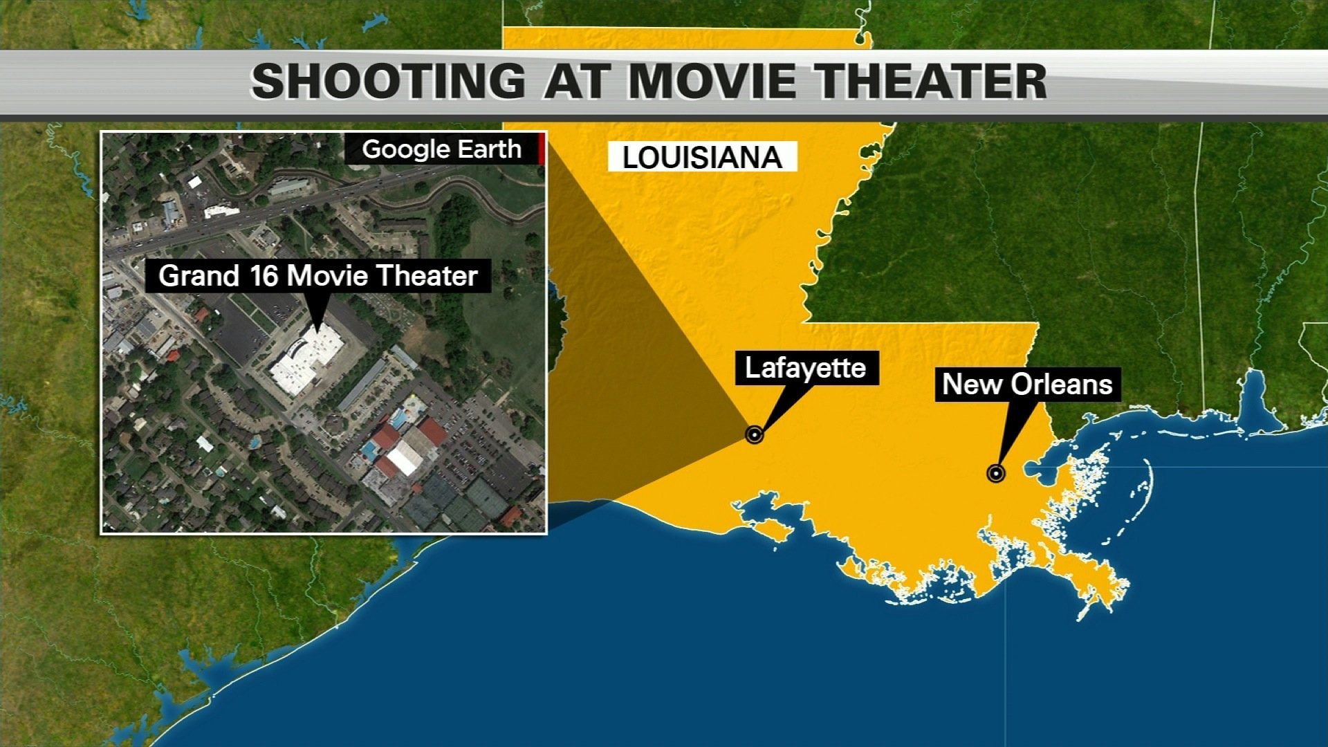 A shooting at a Lafayette, Louisiana, movie theater left at least three people dead, including the shooter, and 7 others injured, according to health officials. Police in Lafayette, Louisiana, say they responded Thursday, July 23, 2015 night to a report of a shooting at the Grand 16 Theatre. This is an image of the map of where the shooting incident took place.
