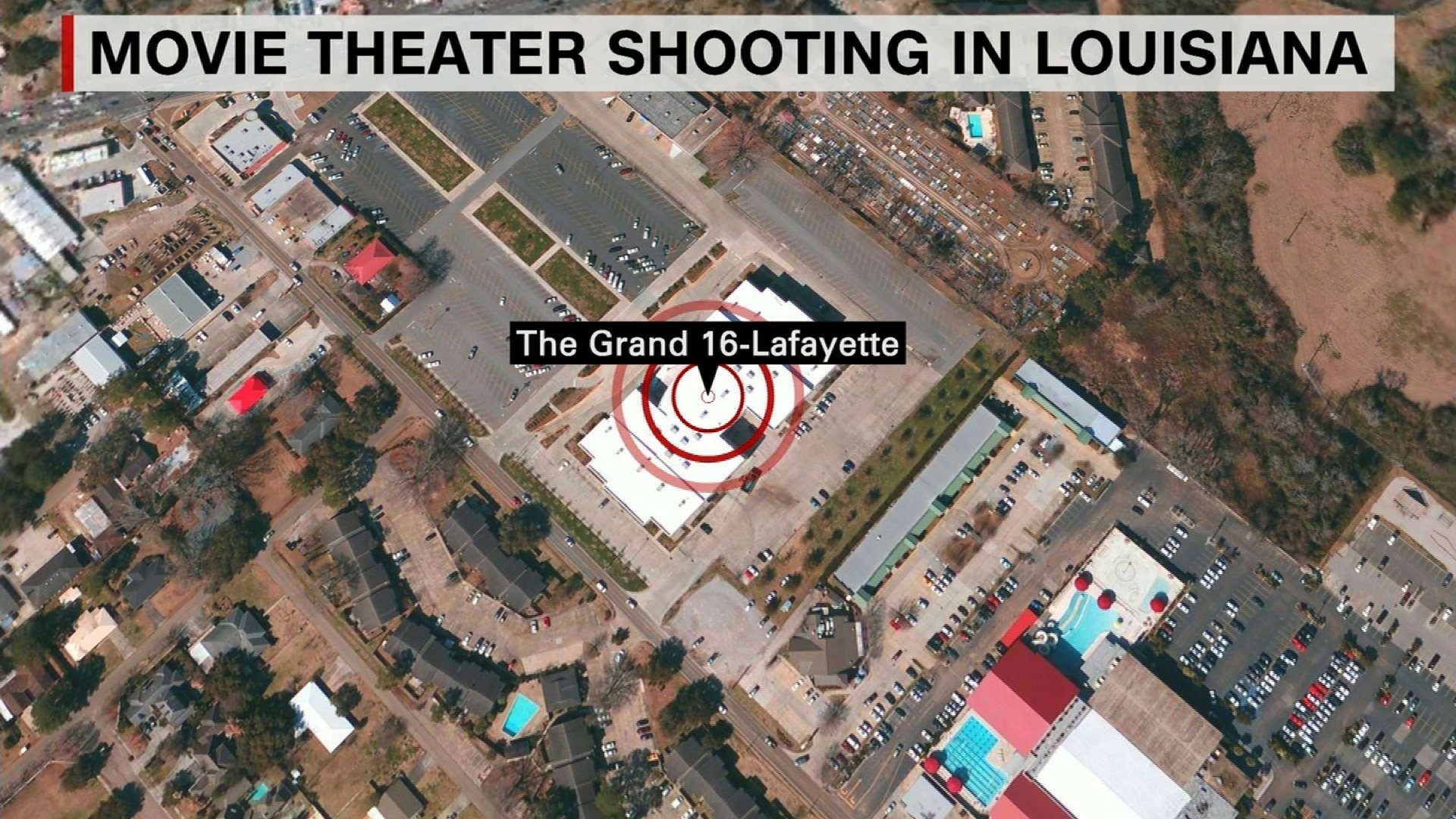 A shooting at a Lafayette, Louisiana, movie theater left at least three people dead, including the shooter, and 7 others injured, according to health officials. Police in Lafayette, Louisiana, say they responded Thursday, July 23, 2015 night to a report of a shooting at the Grand 16 Theatre. This is an image of the map of where the shooting incident took place.