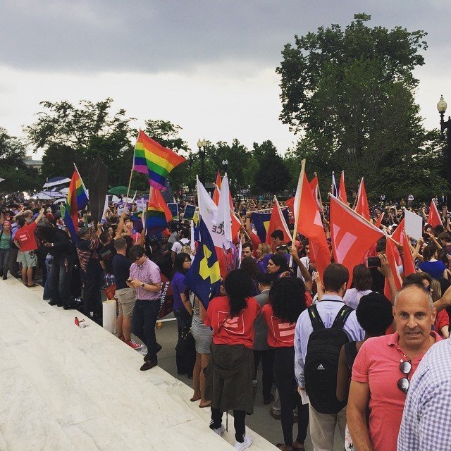 Crowd reactions - In a landmark opinion, the Supreme Court ruled Friday that states cannot ban same-sex marriage, establishing a new civil right and handing gay rights advocates a victory that until very recently would have seemed unthinkable.