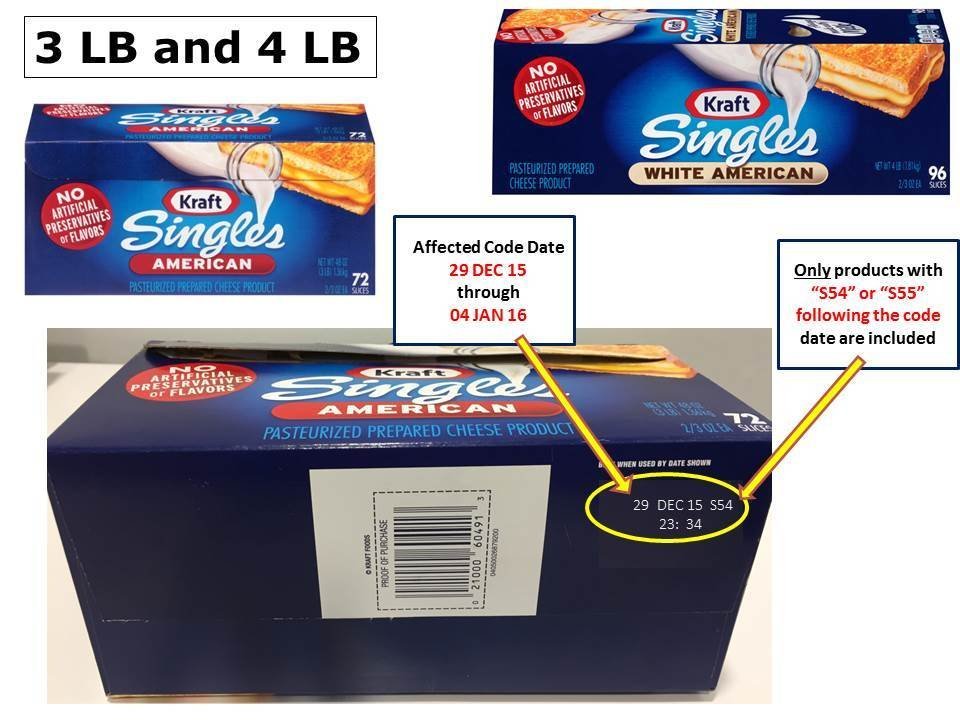 The Kraft Heinz Company voluntarily recalls select varieties of Kraft Singles products due to potential choking hazard. The recall applies to 3-lb. and 4-lb. sizes of Kraft Singles American and White American pasteurized prepared cheese product with a Best When Used By Date of 29 DEC 15 through 04 JAN 16, followed by the Manufacturing Code S54 or S55.