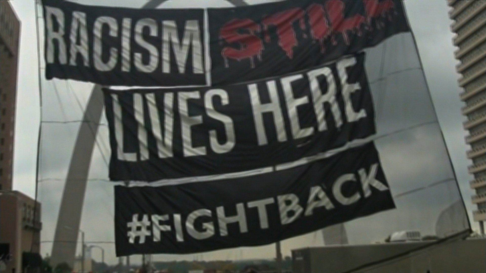 **Embargo: St. Louis, MO**

Activists raised a banner in downtown St. Louis on Monday, August 10, 2015, that read "Racism still lives here. #fightback" as part of the Ferguson Commemoration Weekend's day of civil disobedience.