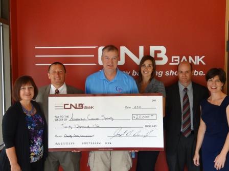 Pictured, left to right, are Carolyn Smeal, CNB charity golf committee member; Joe Bower, CNB president and CEO; Shane Launer, American Cancer Society health initiatives representative; Amy Potter, CNB charity golf committee member; Greg Dixon, CNB charity golf committee member; and Eileen Ryan, CNB charity golf committee member. (Provided photo)