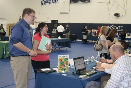 Students Greg Myers and Darcie Grenier talked to employers representing a wide variety of local companies during the Internship Fair in the Penn State DuBois gymnasium on Monday. (Provided photo)