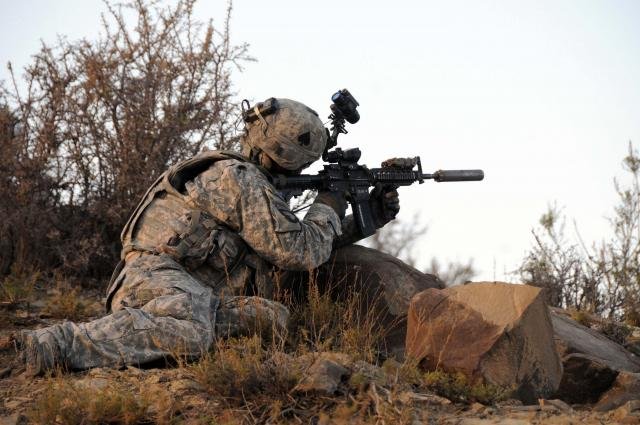 An unidentified U.S. Army soldier aims his weapon during Task Force Currahee in November, 2010.