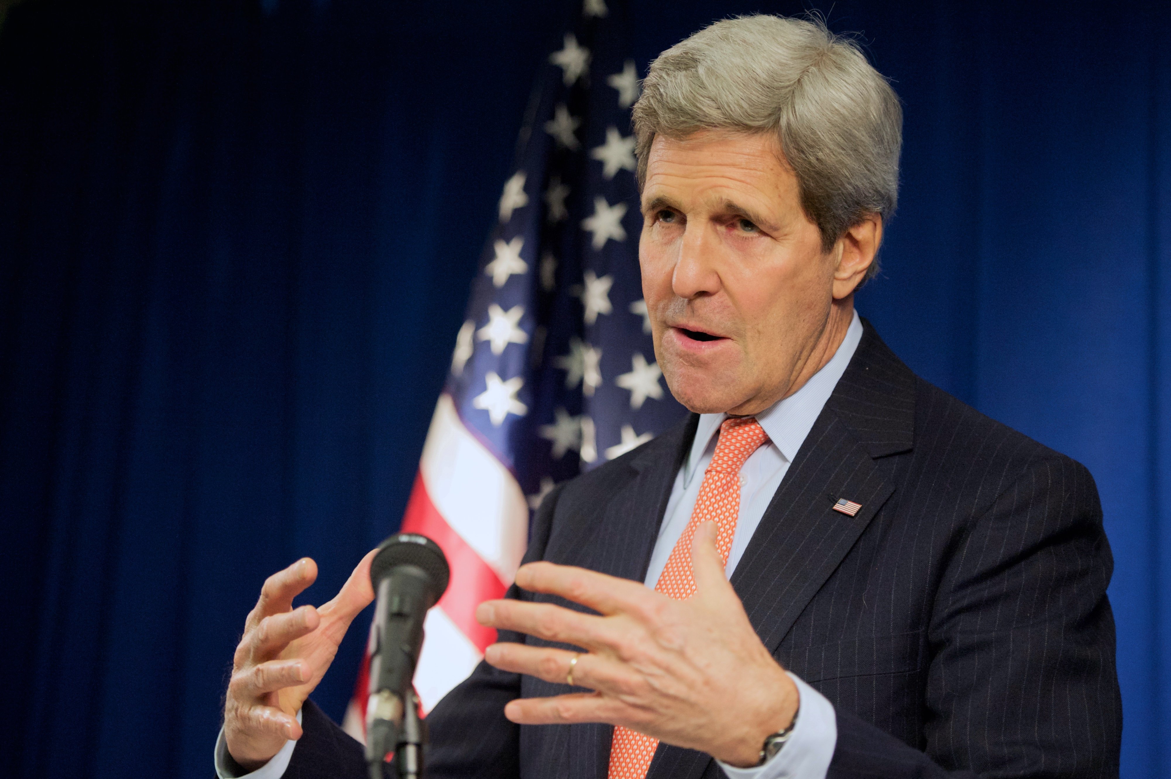 U.S. Secretary of State John Kerry addresses reporters in London, U.K., on February 21, 2015, after meeting with British Foreign Secretary Philip Hammond and hold discussions focused on the anti-ISIS coalition and the situation in Ukraine.