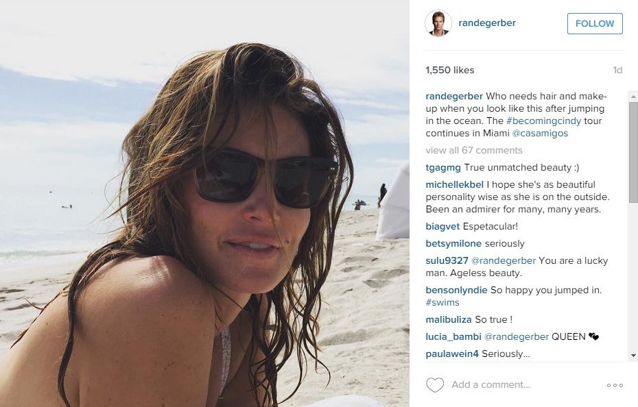 Cindy Crawford's husband posted a picture on Instagram of his wife at the beach. The caption said "Who needs hair and make-up when you look like this after jumping in the ocean. The #becomingcindy tour continues in Miami @casamigos"